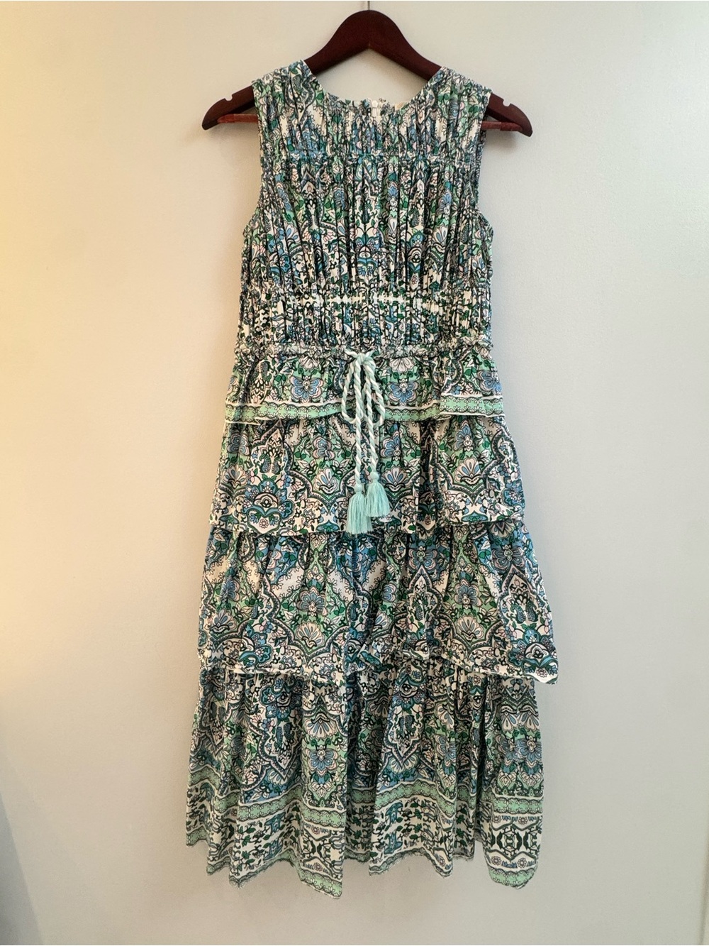 Shoshanna Sleeveless Tiered Maxi Dress in Teal and Cream Print